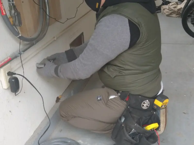 Electrician performing outlet wiring in a Shamokin garage